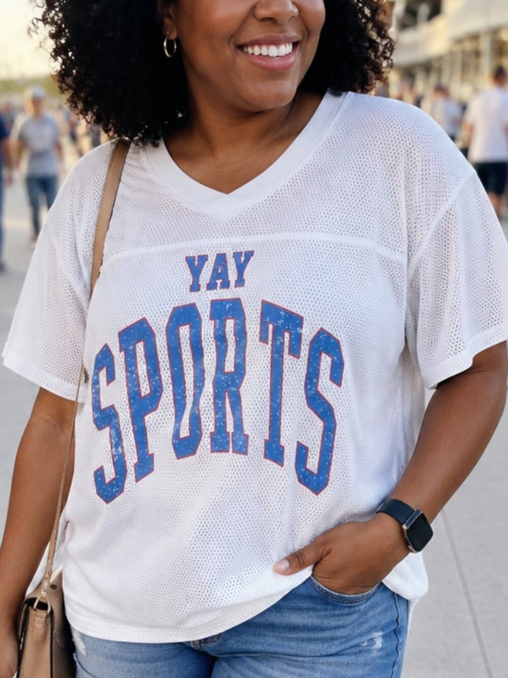 Women’s Large White Mesh Jersey YAY SPORTS Graphic Tee Blue Red
